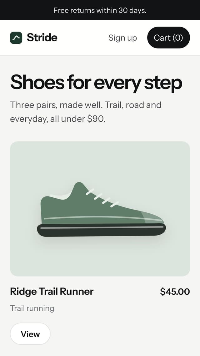 Stride Shoes home page with the Ridge Trail Runner at $45