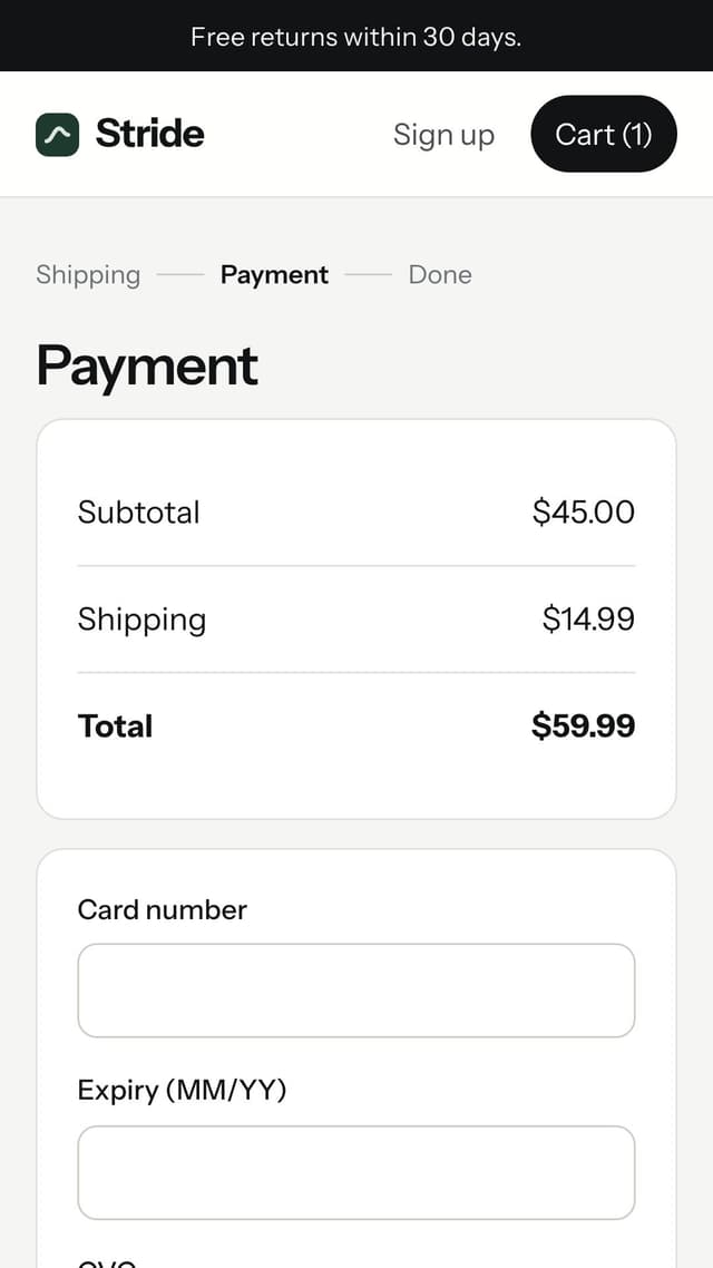 Payment page: $45 subtotal, $14.99 shipping, $59.99 total