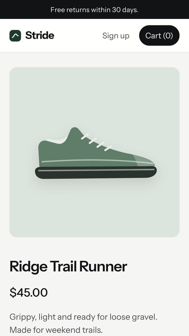 Product page with size 10 selected
