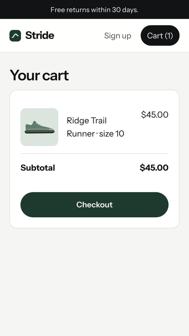 Cart with one pair of shoes at $45